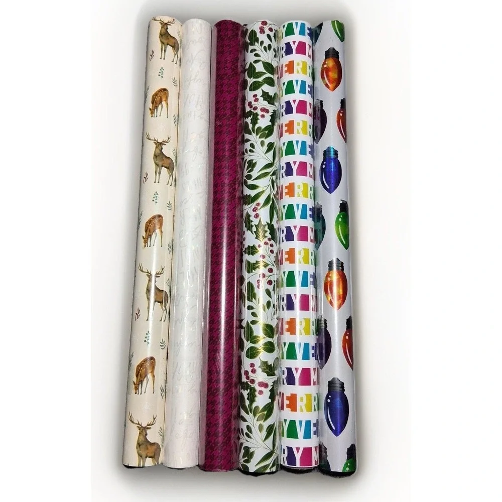 Christmas Wrapping Paper Rolls 6 Pack Assorted Deer Holly Retro Lights 20 Inch